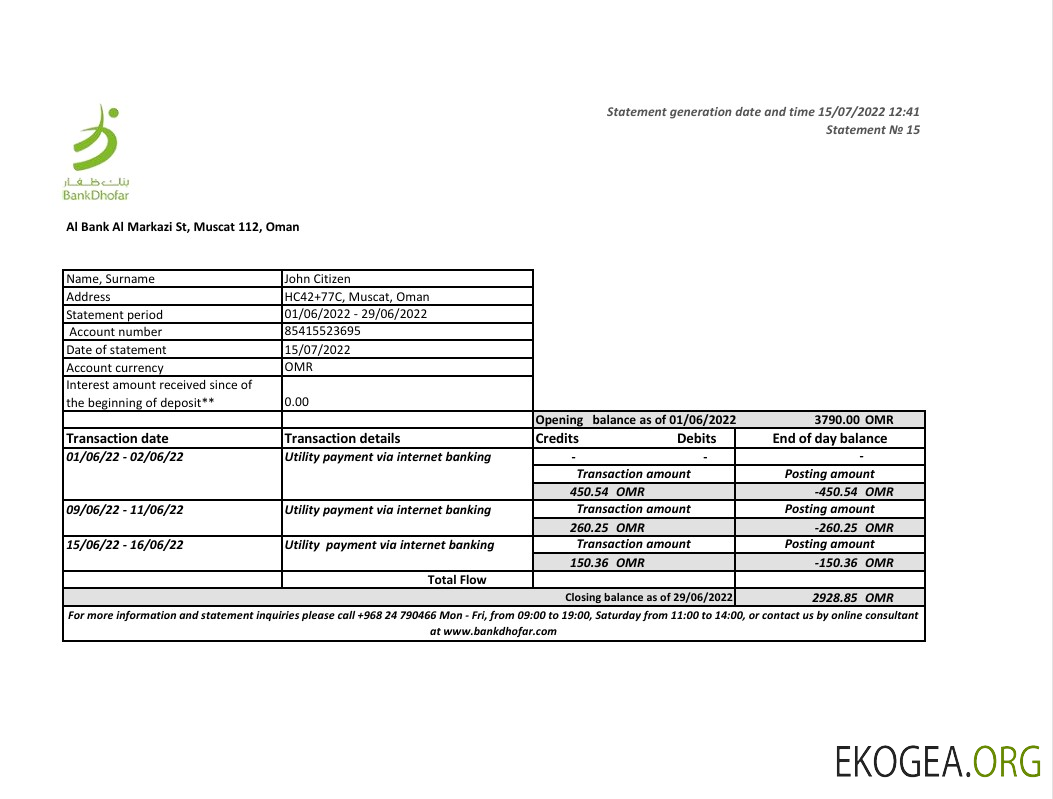 Modèle Excel et PDF de relevé bancaire d'Oman Bank Dhofar